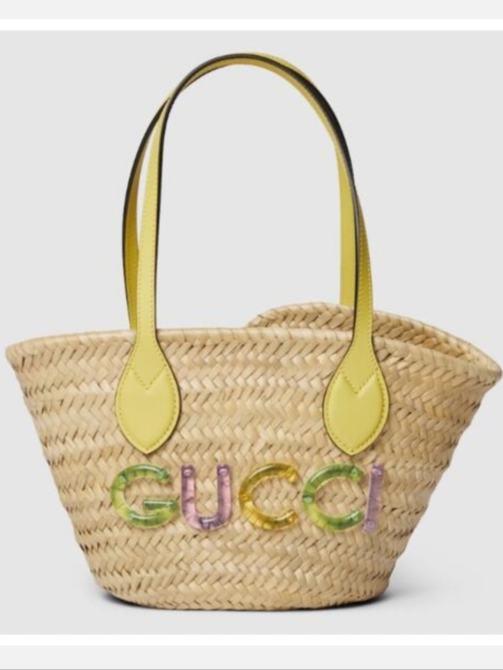 Gucci NWT Natural Straw Tote with Neon Yellow Handles and Multicolor Logo 💛